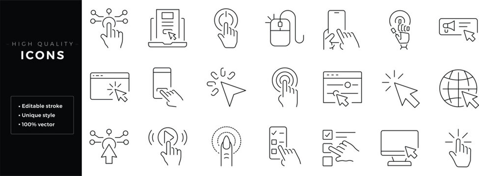 Set of outline icons related to click, cursor. Editable stroke. Linear icon.