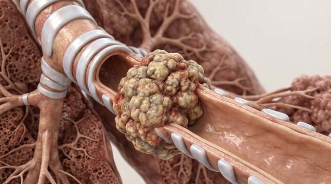 3D medical render of a bronchial tree cross-section showing a multi-lobulated lung cancer tumor obstructing the airway passage.