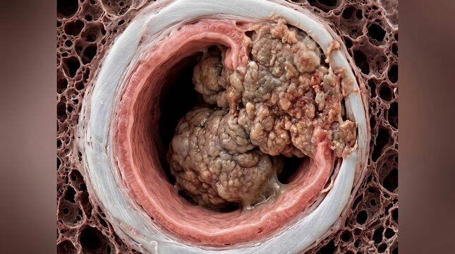 Extreme close-up 3D view inside a human bronchus, revealing a dense malignant carcinoma tumor completely blocking the airway lumen.