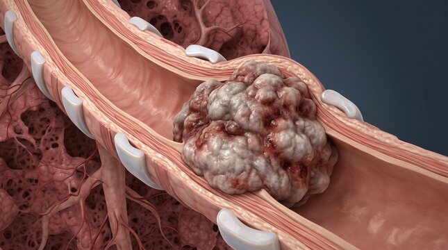 Longitudinal cross-section of a bronchial tube revealing a large, fleshy lung cancer tumor obstructing the respiratory airway.