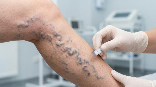 Venous health concern: varicose vein, vascular problem, medical examine, swollen vessel, patient consult, dilated blood, ruler measure, gloved hand.