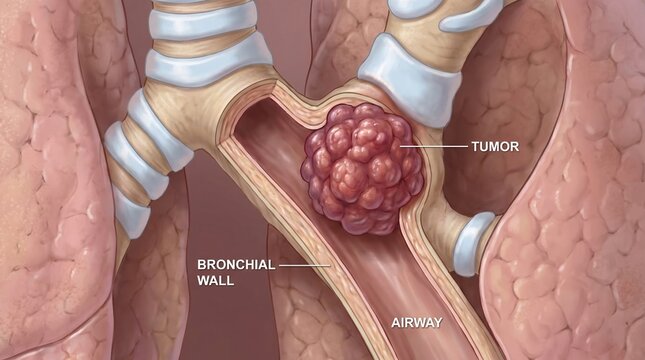 Educational 3D medical diagram of lung cancer with text labels, illustrating a malignant tumor obstructing the bronchial airway.