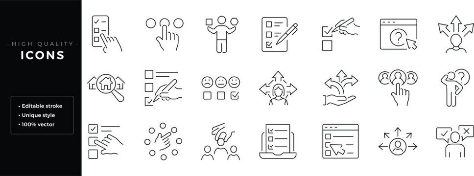 Set of outline icons related to choice. Editable stroke. Linear icon.