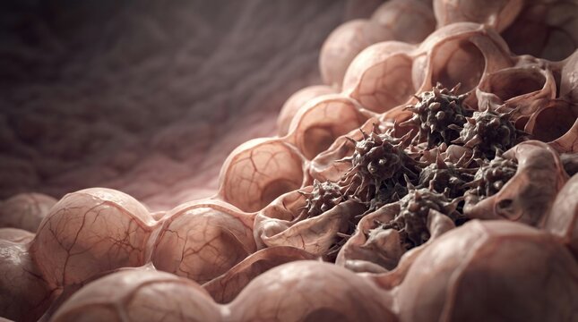 A dense swarm of dark, uncontrolled lung cancer cells overtaking and crushing the delicate structure of healthy pulmonary alveoli.