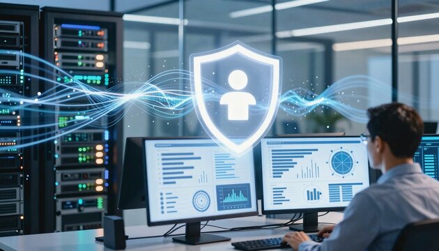 Panoramic view of digital security operations center interface