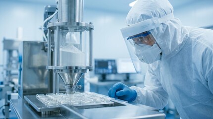 Fototapeta premium Quality control inspector with face shield closely examining sterile pill capsules on the production line in a pharmaceutical plant.
