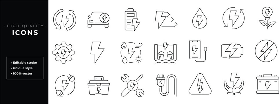 Set of outline icons related to energy. Editable stroke. Linear icon.