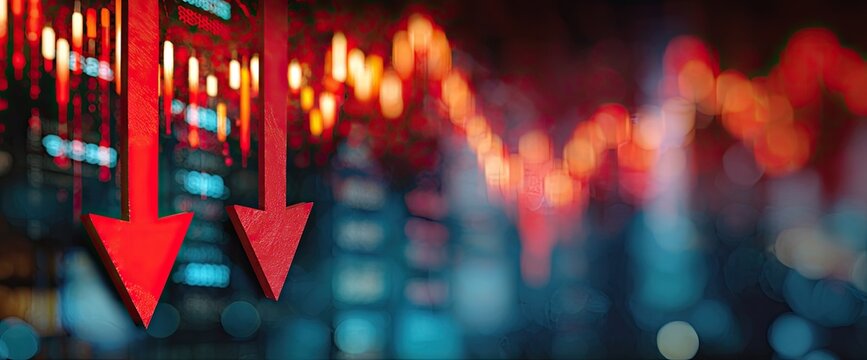 Two red arrows point down over a blurred cityscape with red chart lines depicting a financial downturn