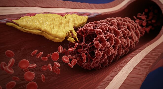 Photorealistic 3D medical illustration of a ruptured plaque and a long cylindrical blood clot completely obstructing a coronary artery.