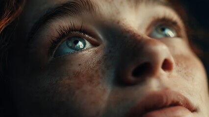 A close up portrait of a young female face with beautiful blue eyes and freckles looking up with a soft expression illuminated by warm dramatic lighting against a deeply dark and moody