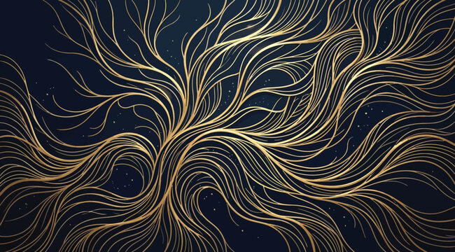 Abstract golden branching lines on a dark blue background, organic treelike structure, flowing intricate patterns