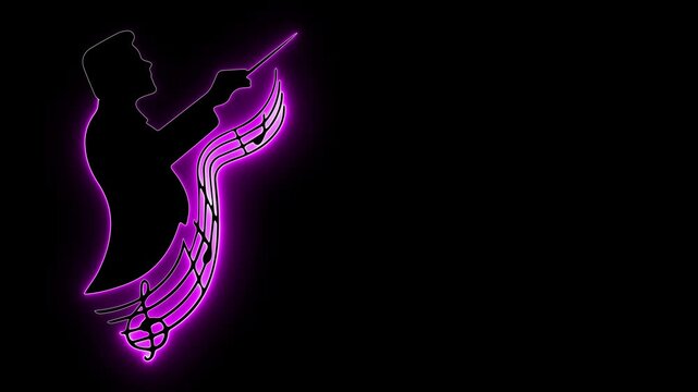 Music conductor. Neon pink glow. Orchestra art. Music notes. Vector silhouette. Classical music. Musical baton. Concert design. Glowing outline. Song composition. Neon animation.