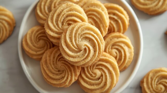Delicious round butter cookies with swirl pattern arranged on a simple plate for a tasty snack