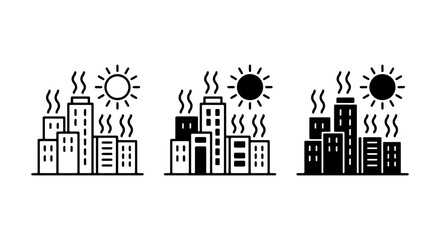 Naklejka premium Cityscape Heat Icons, Urban Heat Island Effect Vector Graphics, Hot Weather Buildings Collection