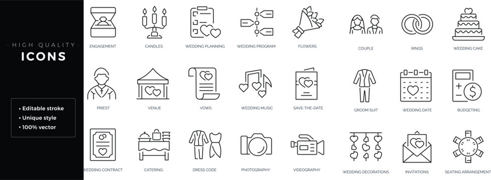 Set of outline icons related to wedding. Editable stroke. Linear icon.