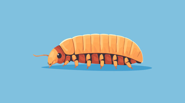 Stylized cartoonish isopod with vibrant orange back, brown head and legs, black eyes, side view, segmented body, whimsical blue background