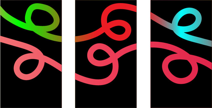Abstract art triptych showing glowing green red and cyan curled neon lines on black background with abstract, triptych