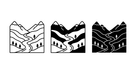 Mountain Landscape Icons, Nature Scenery Vector Graphics, Outdoor Adventure Elements, River Valley Art © Shuvo