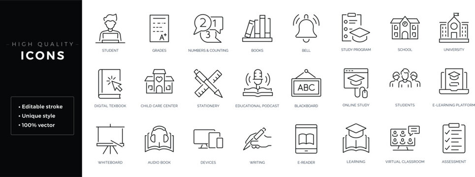 Set of outline icons related to education. Editable stroke. Linear icon.