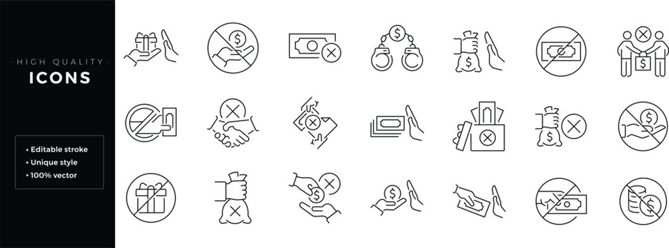 Set of outline icons related to no corruption. Editable stroke. Linear icon.