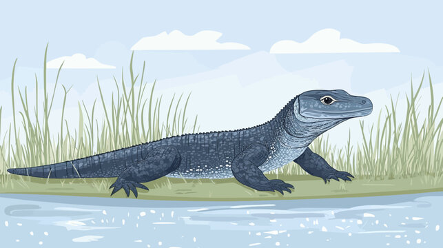 Blue crocodile lying on grassy riverbank among tall reeds beside calm blue water