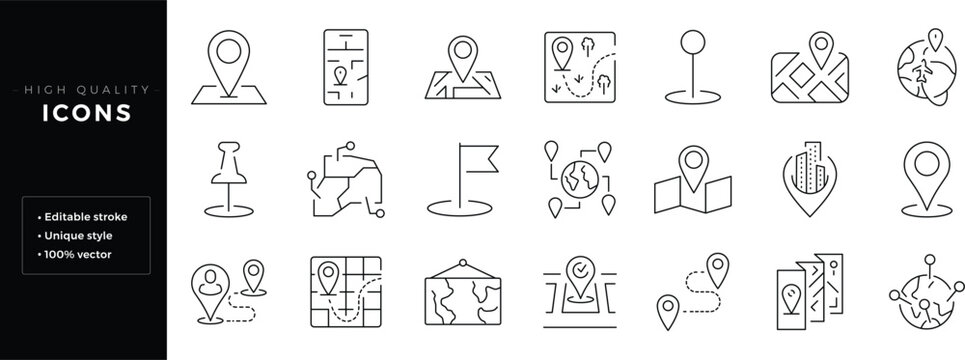Set of outline icons related to location. Editable stroke. Linear icon.