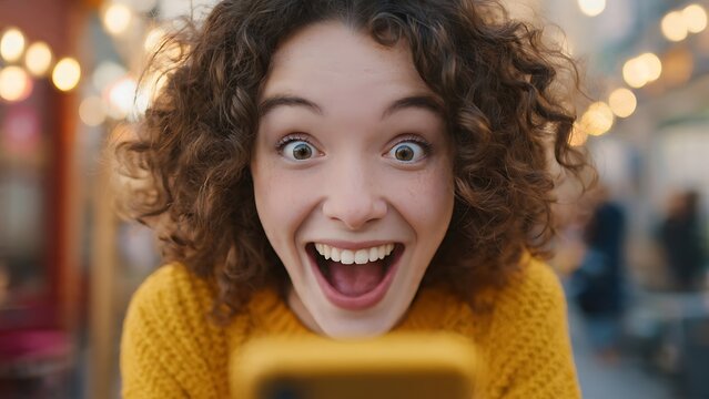 A very happy young female with curly hair displays a highly excited and surprised facial expression while holding a yellow smartphone outdoors in the evening, surrounded by glowing