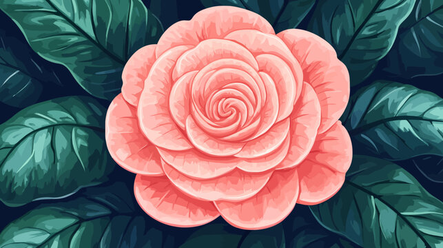 A stylized pink rose sits center its layered petals framed by dark teal leaves