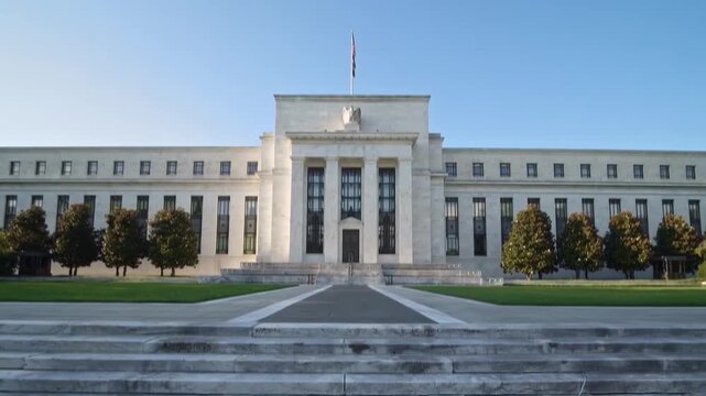 Low Angle View of Federal Reserve Headquarters Building in Washington DC Under Clear Blue Sky