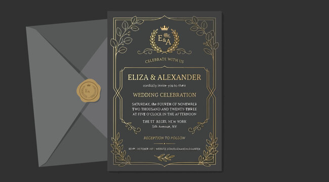 Elegant wedding invitation card template with gold luxury floral frame and envelope on dark background