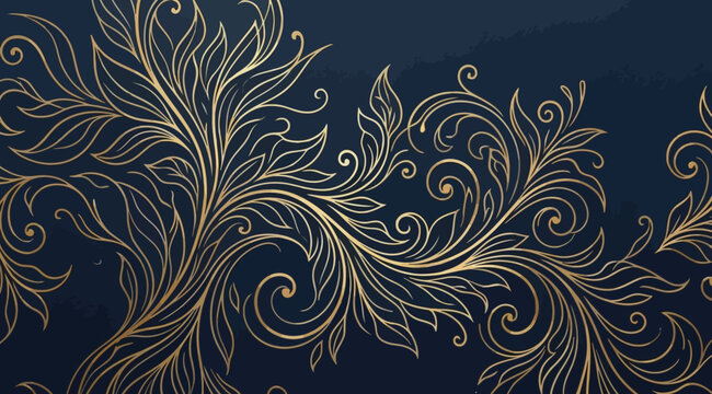 Elegant gold floral filigree pattern on a dark blue background