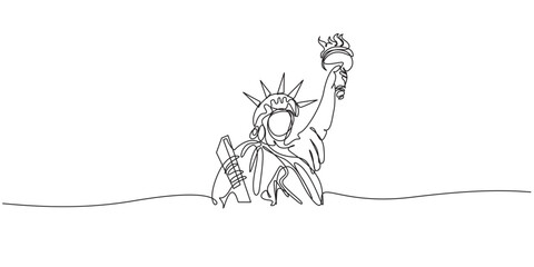 Obraz premium Continuous line drawing of american independence day or statue of liberty,Continuous One Line Drawing of Statue of Liberty, American Independence Day, USA Freedom and Patriotism Concept Illustration