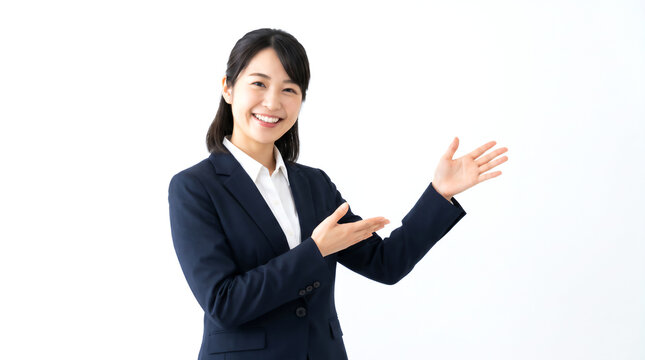 案内ポーズをするスーツ姿の女性