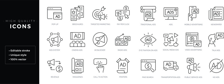 Set of outline icons related to advertisiment, marketing, ads. Editable stroke. Linear icon.
