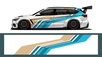 Sleek race car with blue beige stripe livery on track showing dynamic design. © AhzaArdiansyah