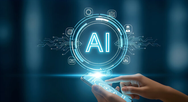 Artificial intelligence digital hud interface concept operated on smartphone screen with intelligence, artificial