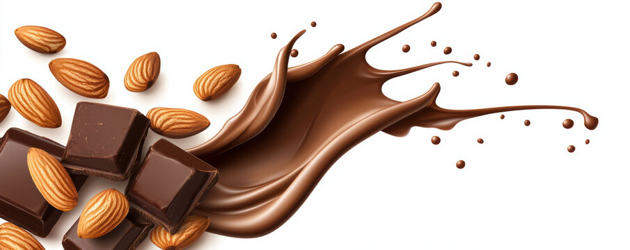 Dark chocolate pieces and almonds surrounded by a splash of melted chocolate on a white background.