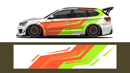 Fototapeta premium Vibrant race car with orange and green graphic livery, dynamic side stripes and spoiler.
