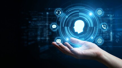 Fototapeta premium Human hand displays glowing futuristic interface with AI head icon, communication symbols, and data