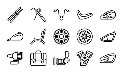 Motorcycle Parts Icons Set, Custom Bike Components, Vintage Vehicle Elements, Black and White Vector Graphics © MD
