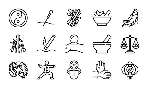 Acupuncture Icons Set: Traditional Chinese Medicine, Wellness, Health, Yin Yang, Herbs