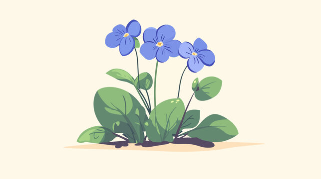 Three blue flowers, with yellow centers, rise on stems among large green leaves