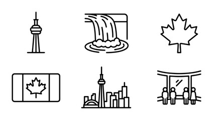 Naklejka premium Canadian Icons Set: CN Tower, Maple Leaf, Flag, Waterfall, Skyline, People View