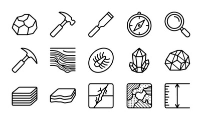 Geology Icons Set: Rocks, Fossils, Tools, Maps, Crystals, Compass, Magnifying Glass © Arif