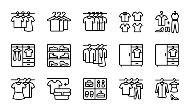 Wardrobe Icons, Clothing Hangers, Closet Organization Vector Set, Fashion Storage Elements