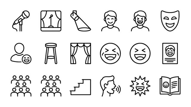 Theater and Performance Icons: Stage, Microphone, Comedy Mask, Audience, Spotlight, Actor, Performance Vector Set