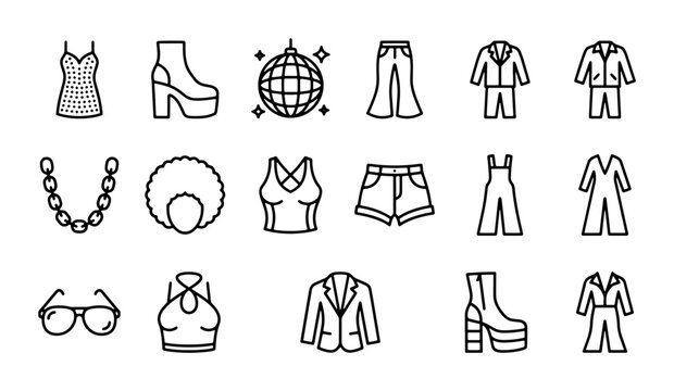 Retro Disco Fashion Icons, 70s Style Clothing & Accessories Vector Set