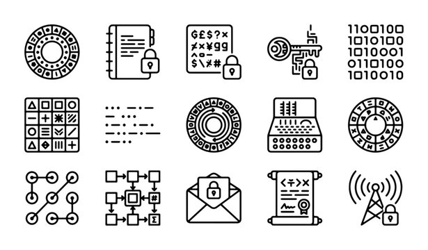 Cybersecurity Icons Set: Encryption, Data Protection, Secure Communication, Digital Lock Vector Graphics