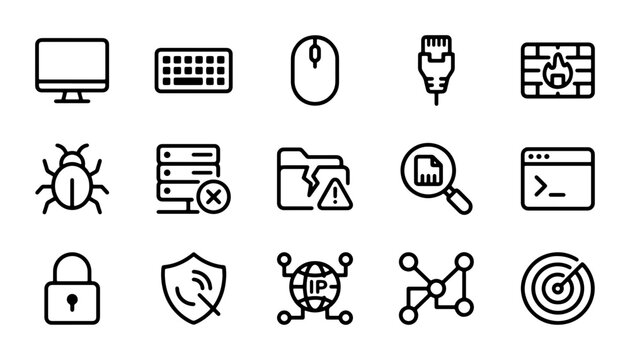 Cybersecurity Icons Set: Computer, Network, Data Protection, Bug, Firewall, Lock, IP