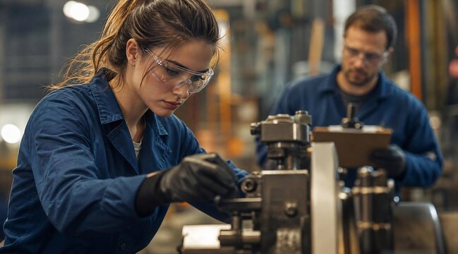 Female industrial worker operating machinery in modern factory